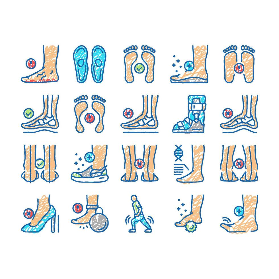 Flat Feet Disease set Icons hand drawn vector