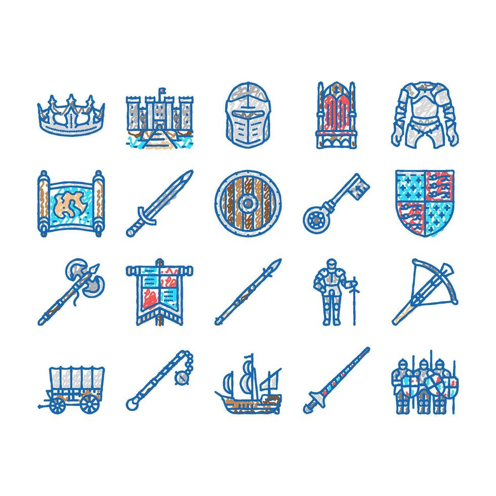 Medieval Warrior Weapon And Armor Icons hand drawn vector