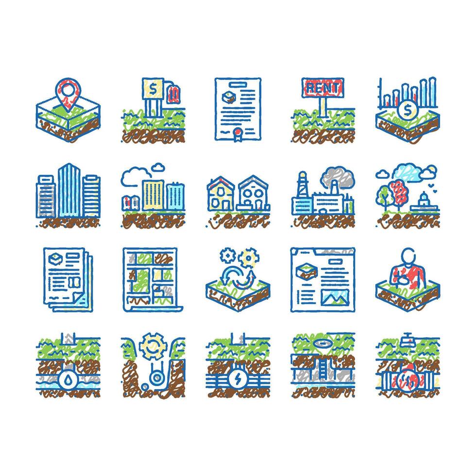 Land Property Business set Icons hand drawn vector