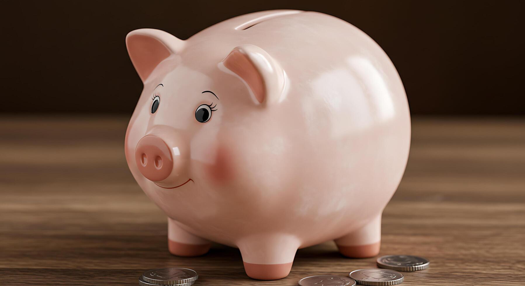 A piggy bank with coins on a wooden table photo