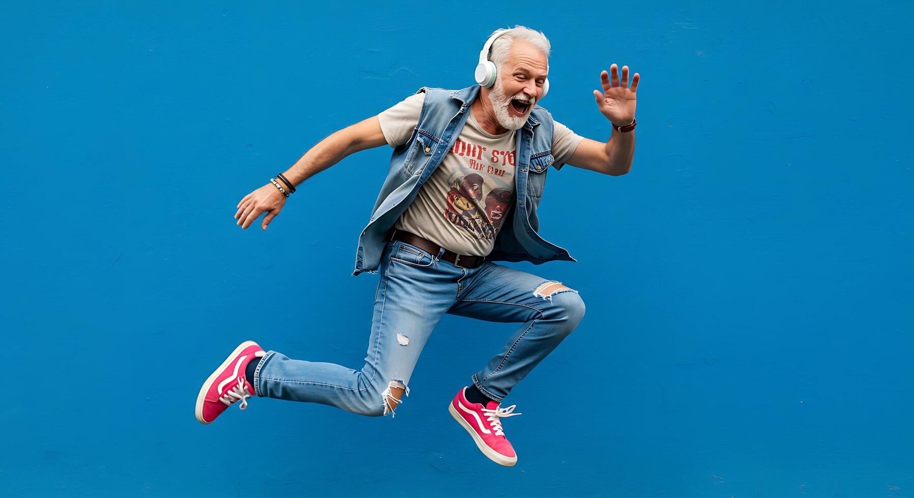 A man in jeans and a t - shirt jumping in the air photo