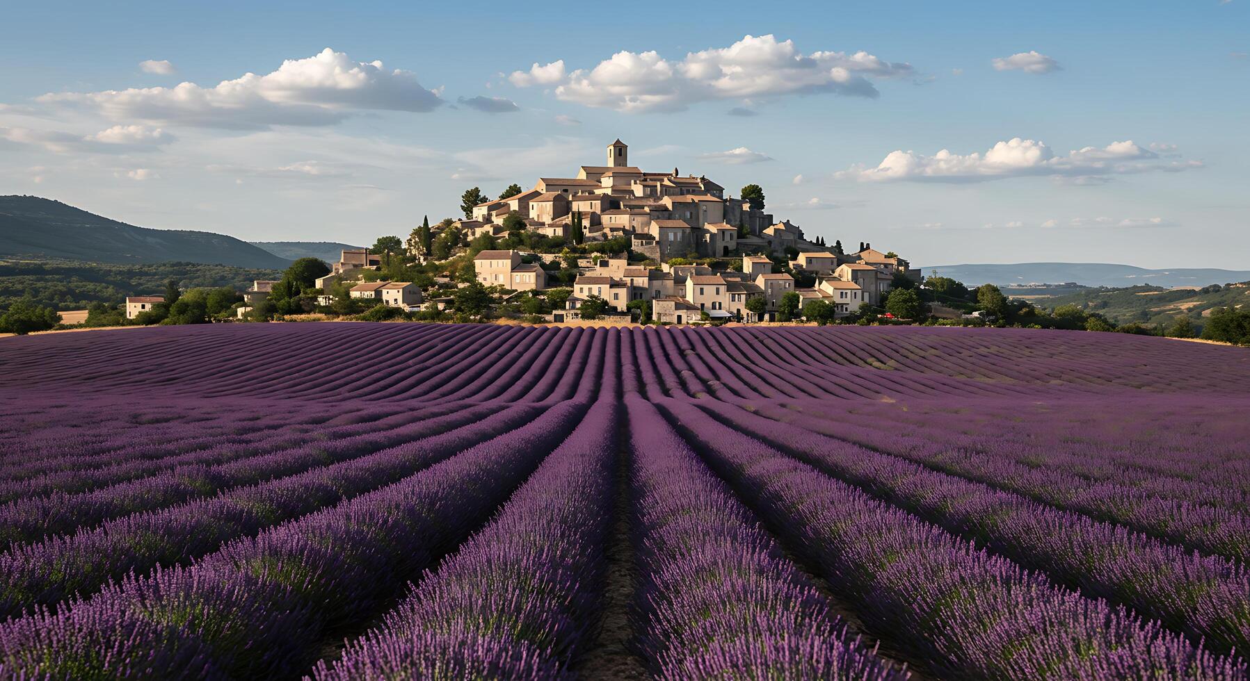 Lavender fields in the countryside with a castle in the background photo