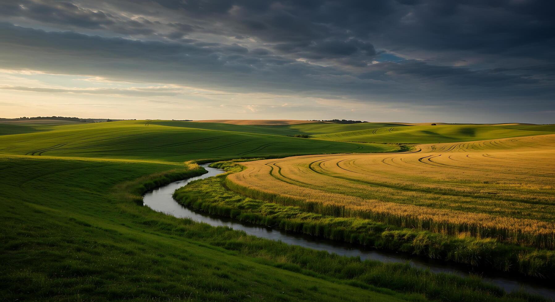 A river runs through a field of grass photo