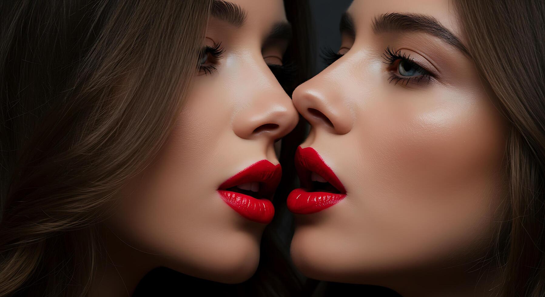 Two women with red lips and red lipstick photo