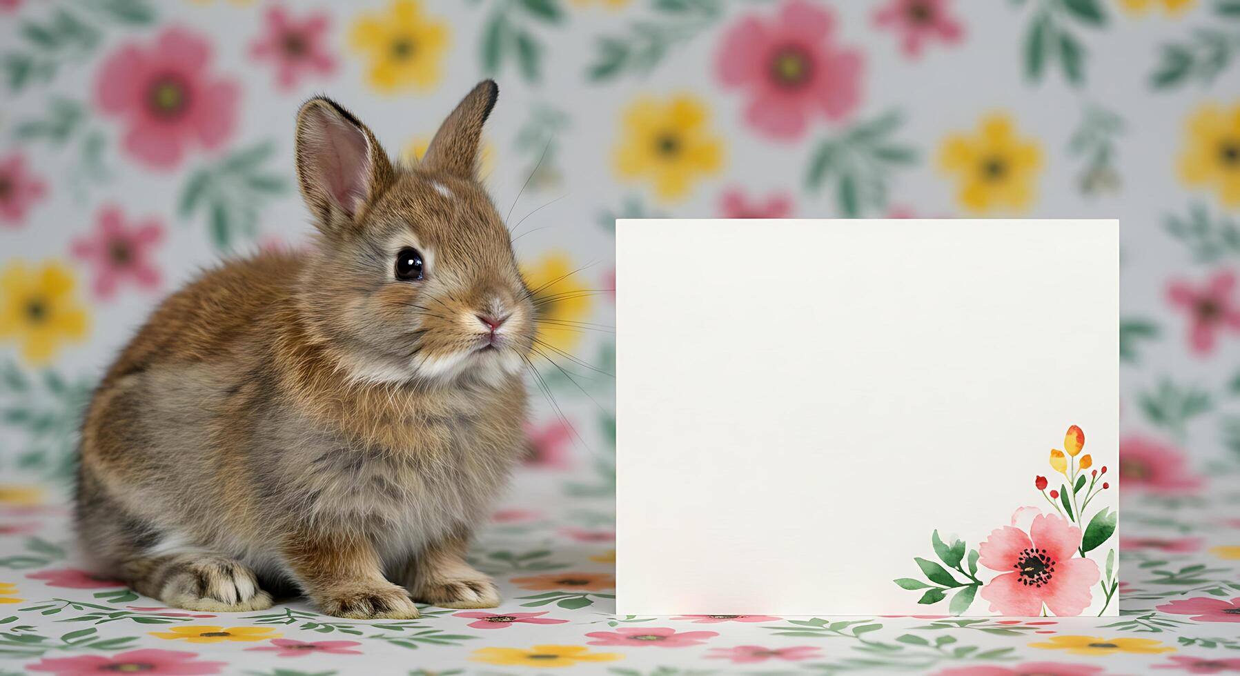 A small rabbit is sitting next to a blank card photo