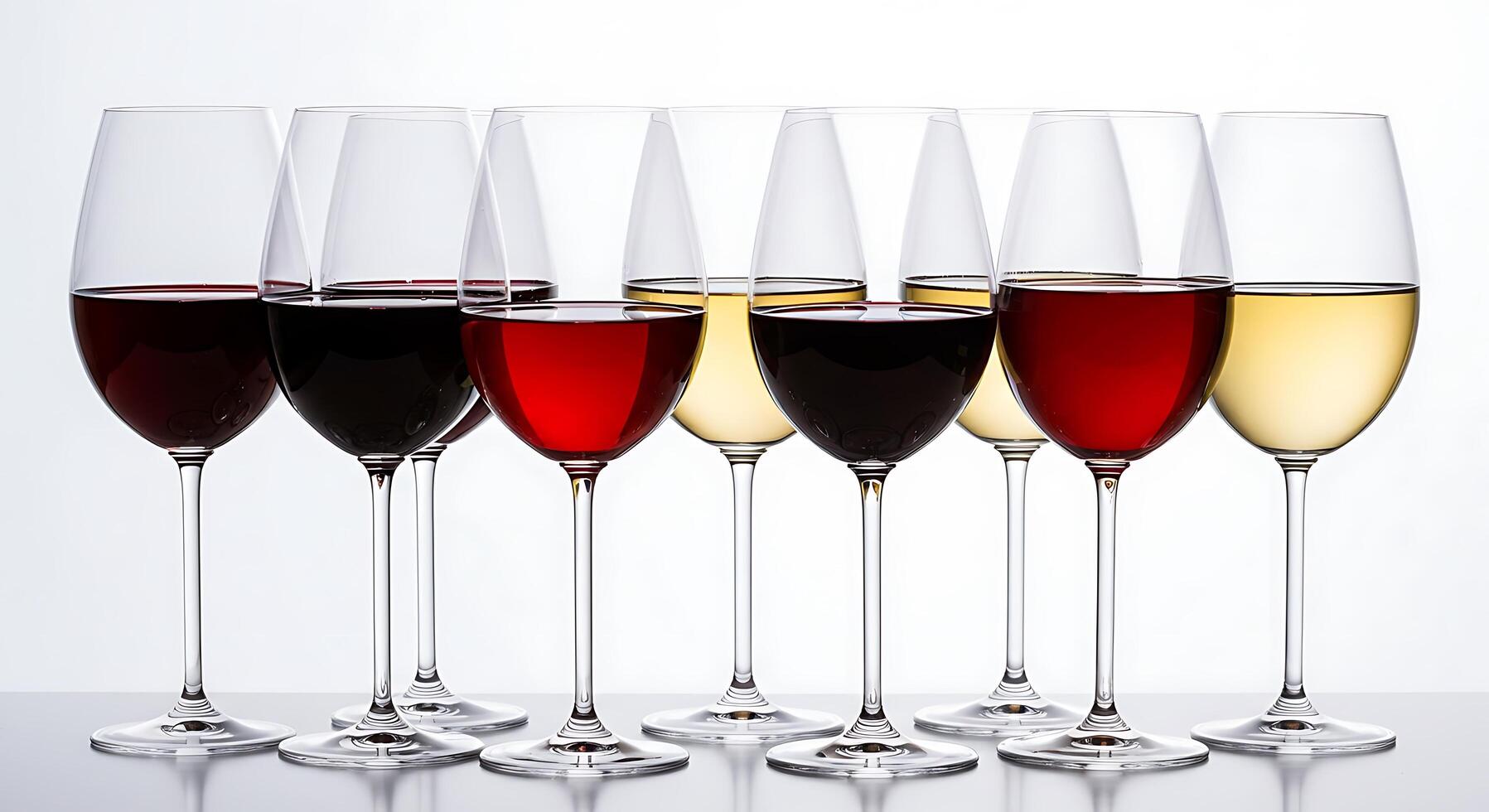 A row of wine glasses with different colored wine photo