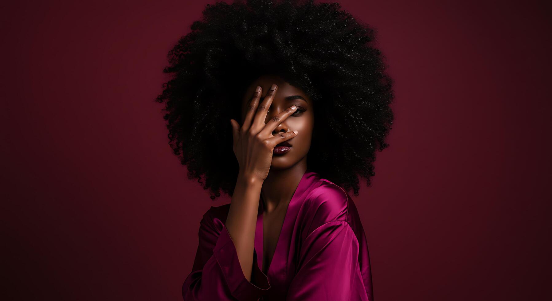 A woman with an afro in a pink robe photo