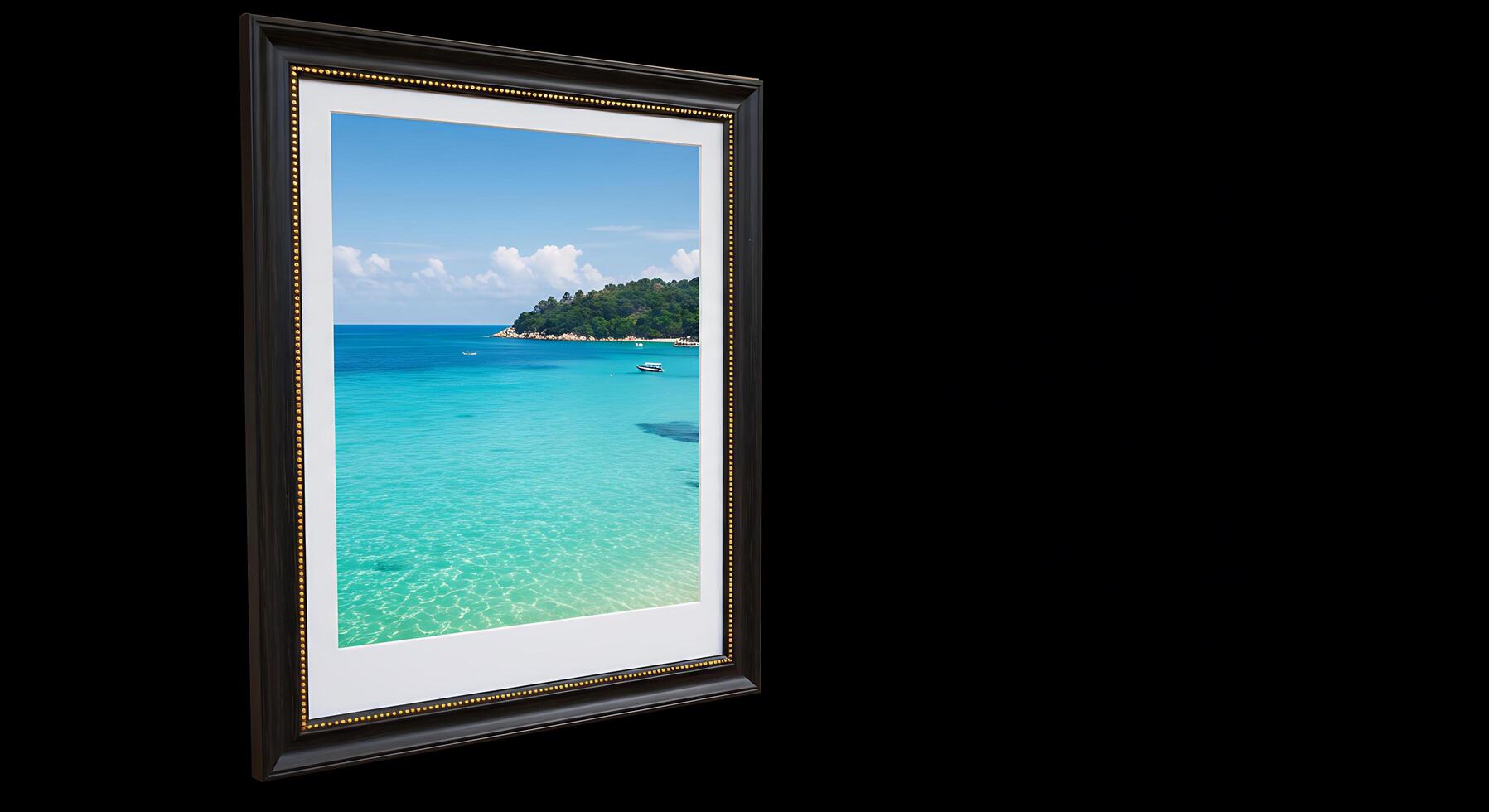 A framed picture of a beach with a blue sky photo