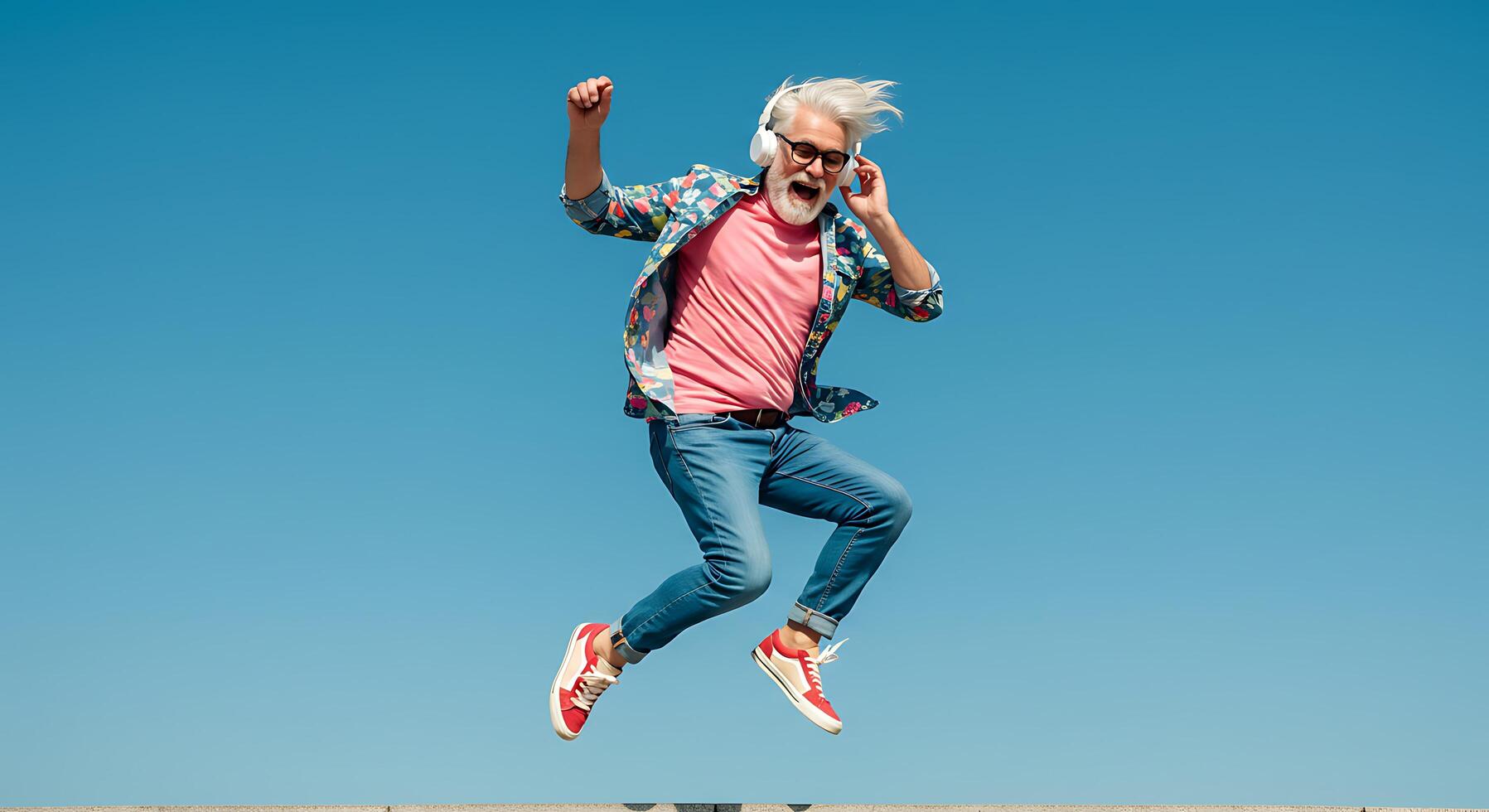 A man jumping in the air with his hands in the air photo