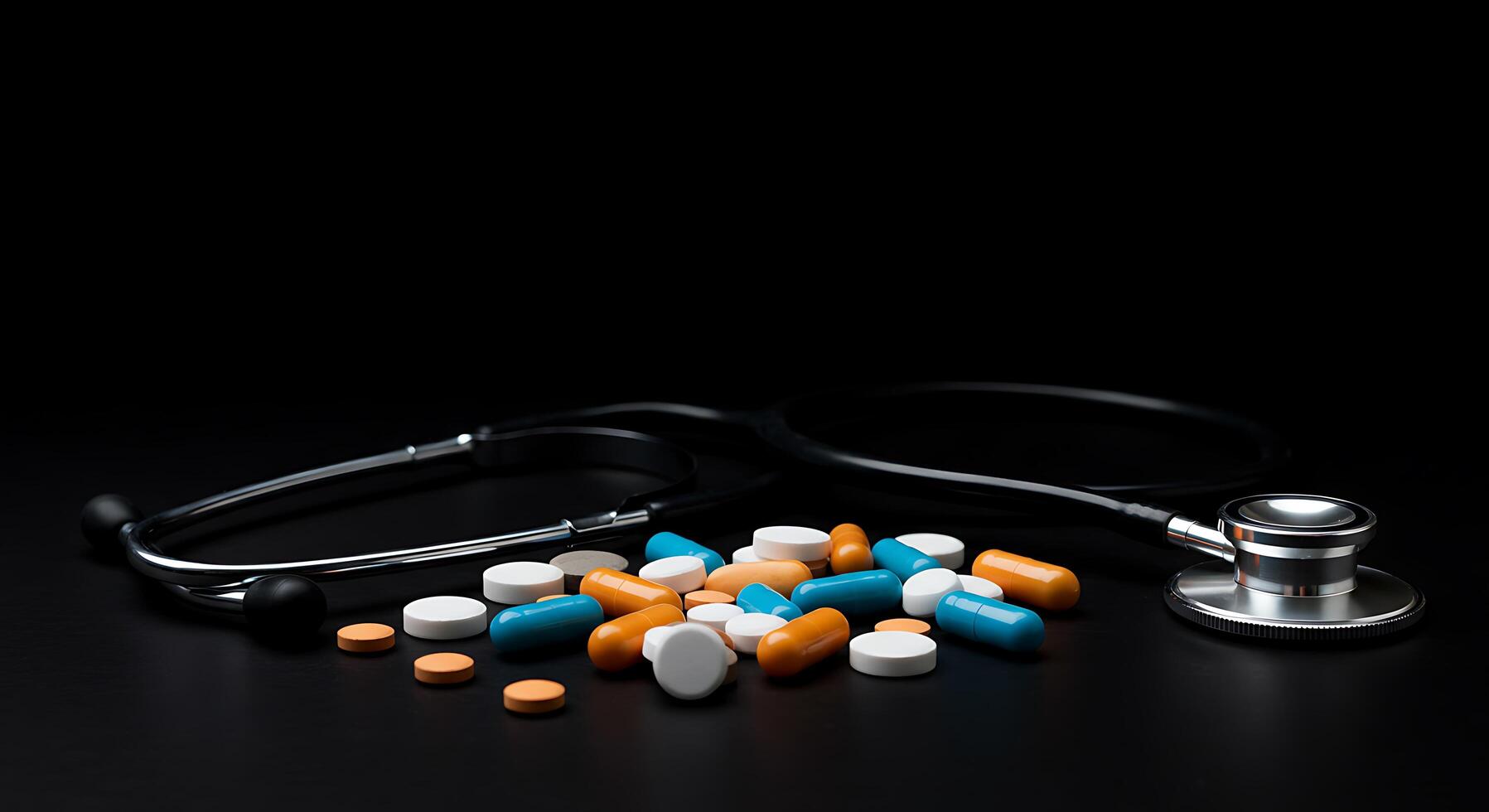 A stethoscope and a pile of pills on a black surface photo