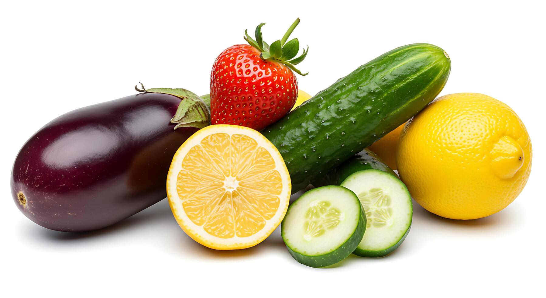 A pile of fruits and vegetables including cucumber, tomato, and lemon photo
