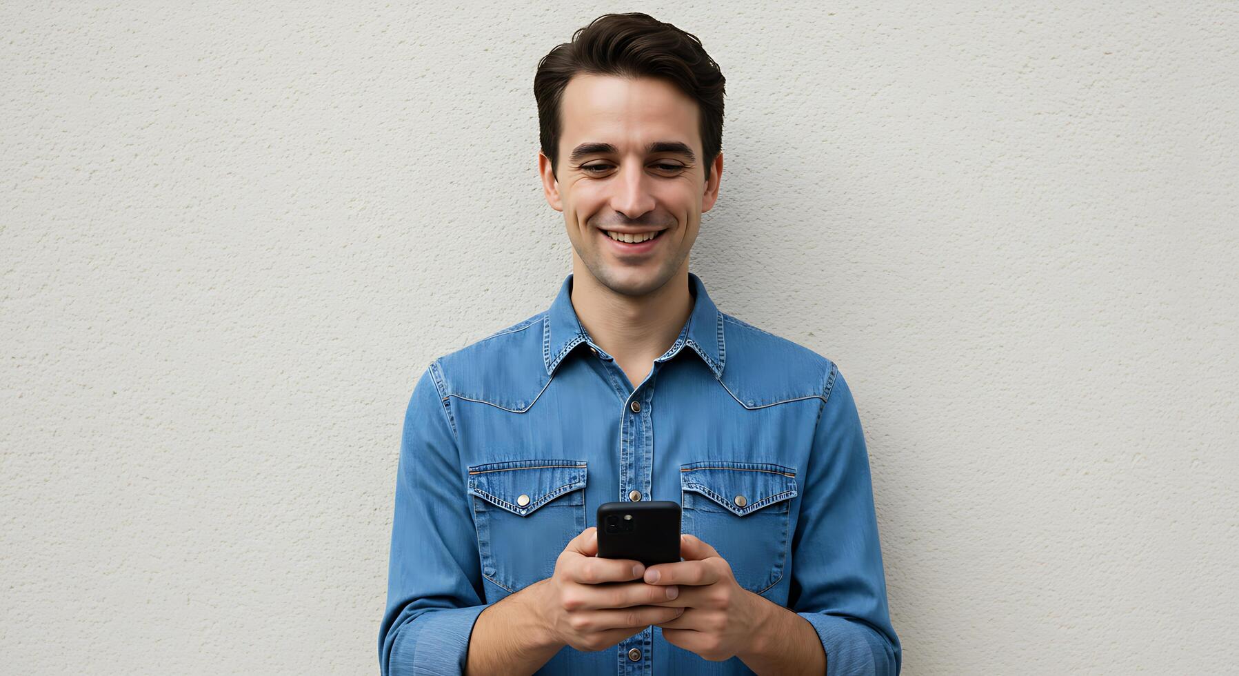 A man is smiling while holding a cell phone photo