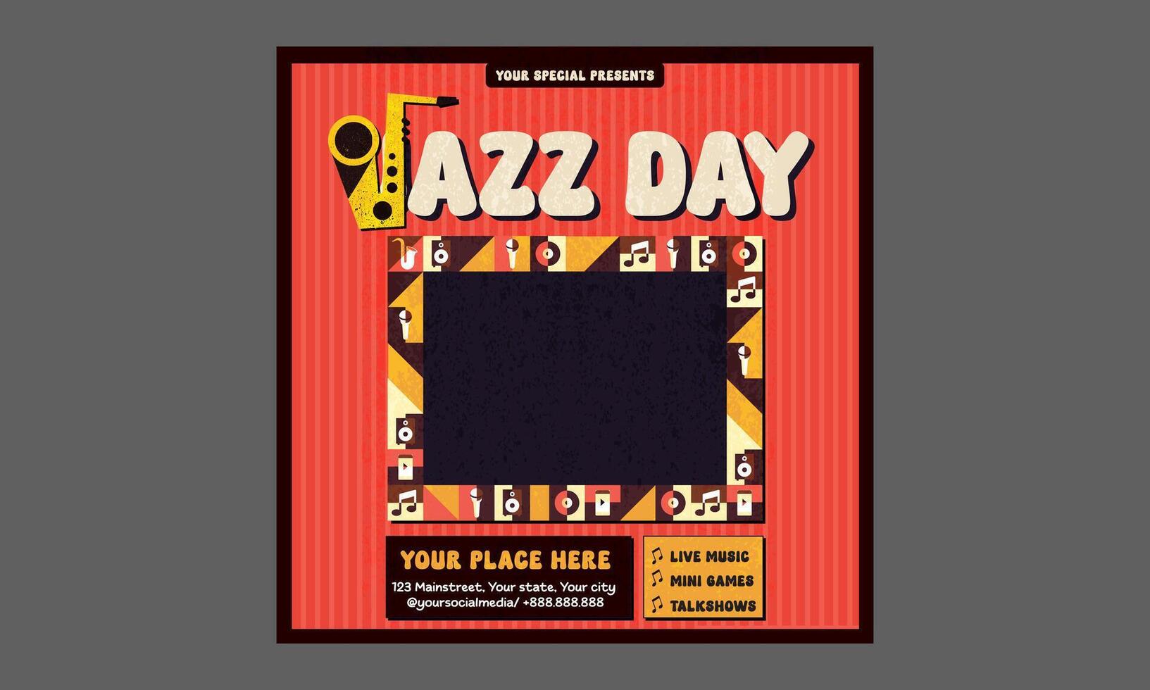 Jazz Day Socials Media. Classical wooden guitar, piano keyboard, saxophone, audio cassette tape event flyer design. April 30. International Jazz Day Celebration vector