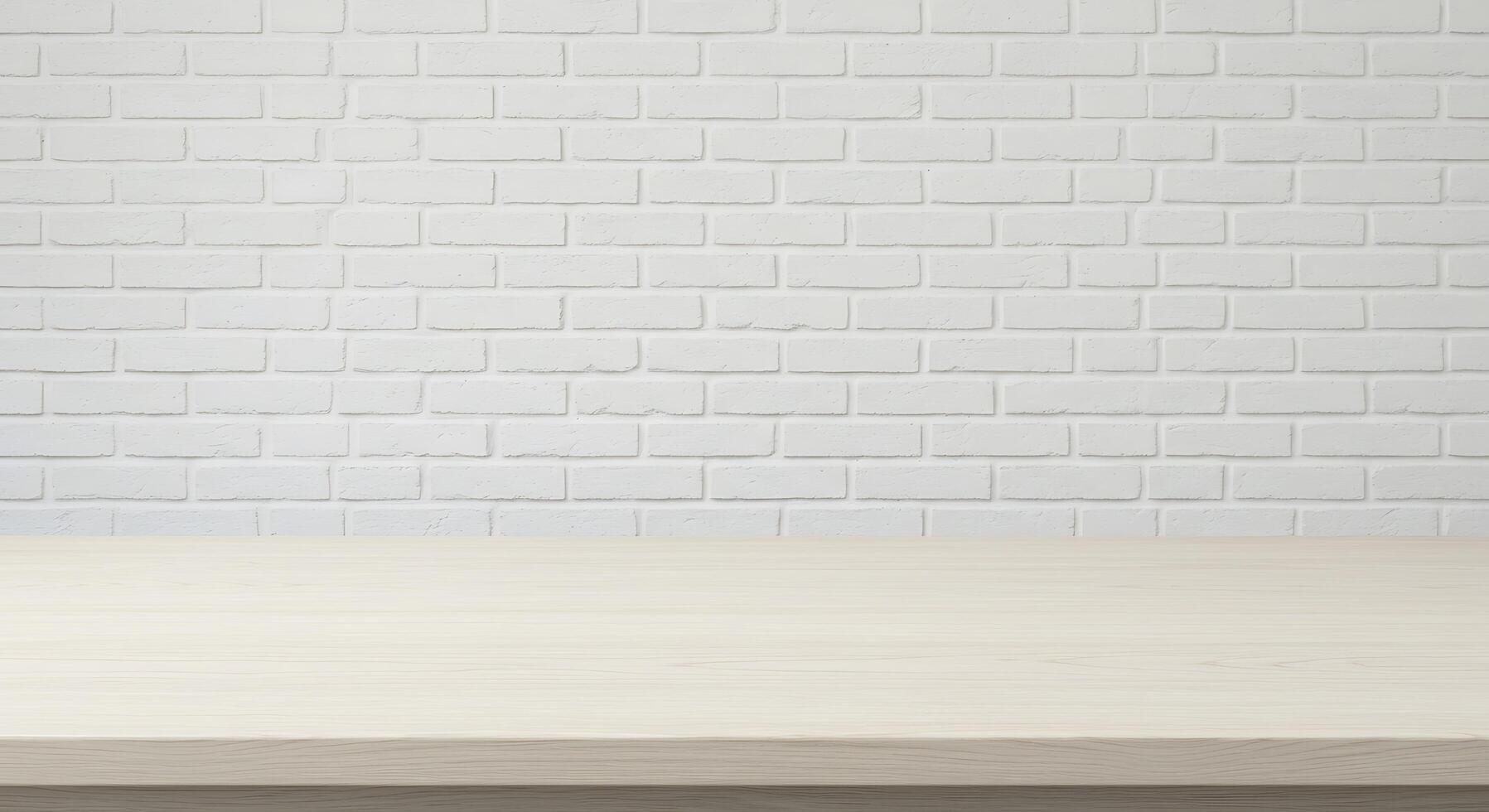 Table top in front of white brick wall photo