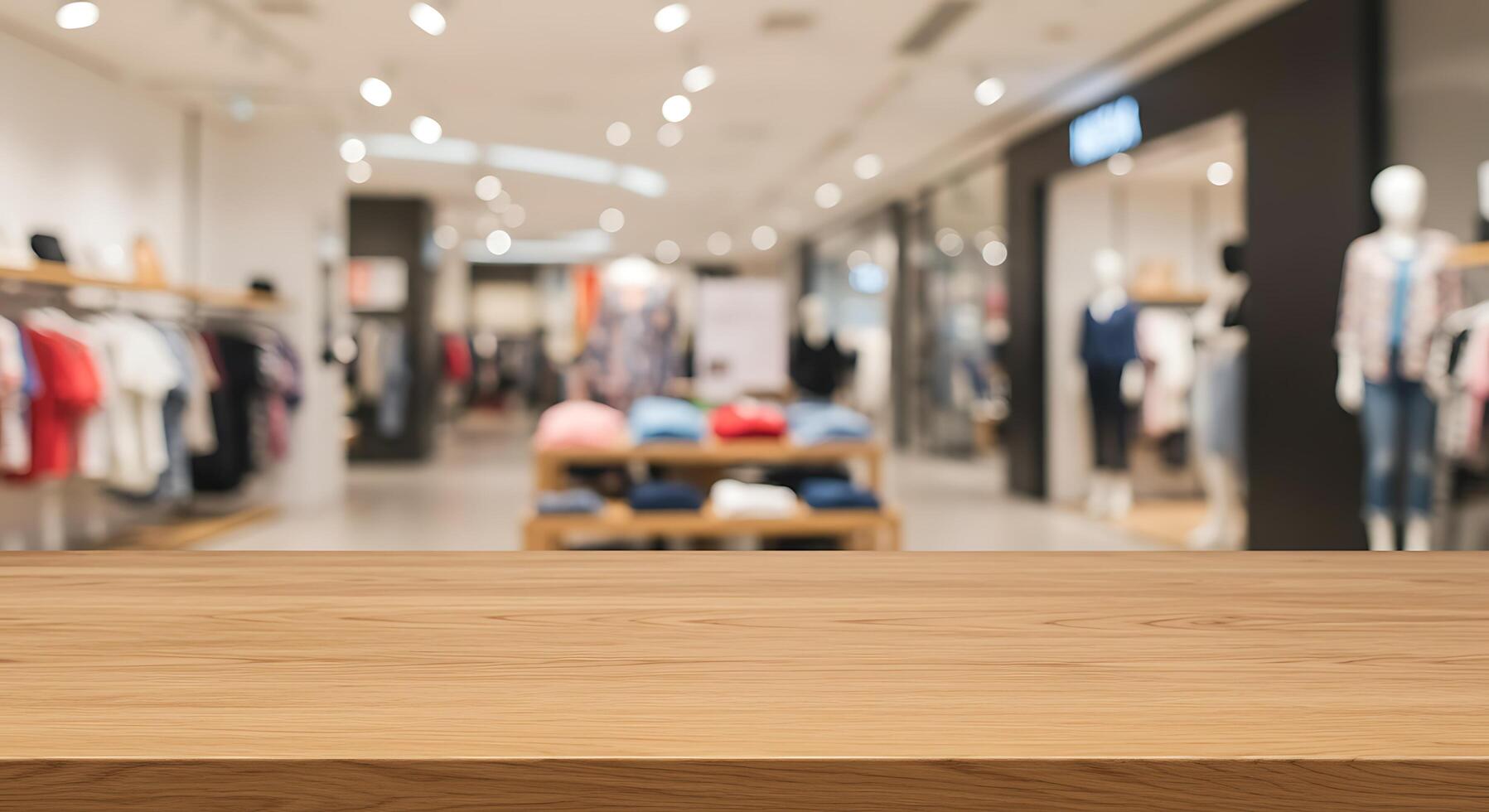 Wood table top in front of a clothing store photo