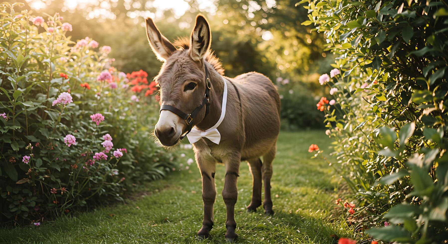 A donkey standing in a field of flowers photo