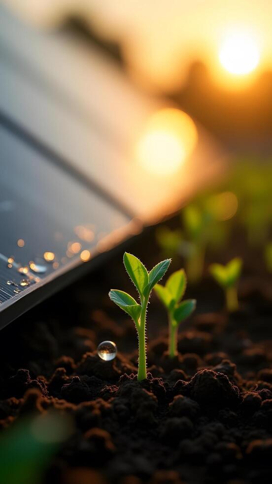 A seedling grows near a solar panel under a bright sunlight photo
