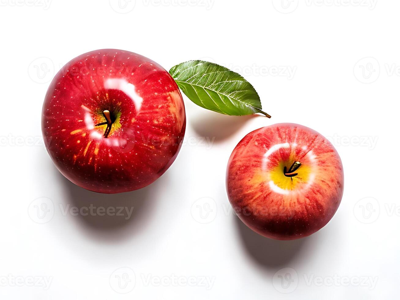 Top View of Red Apple with Leaf photo
