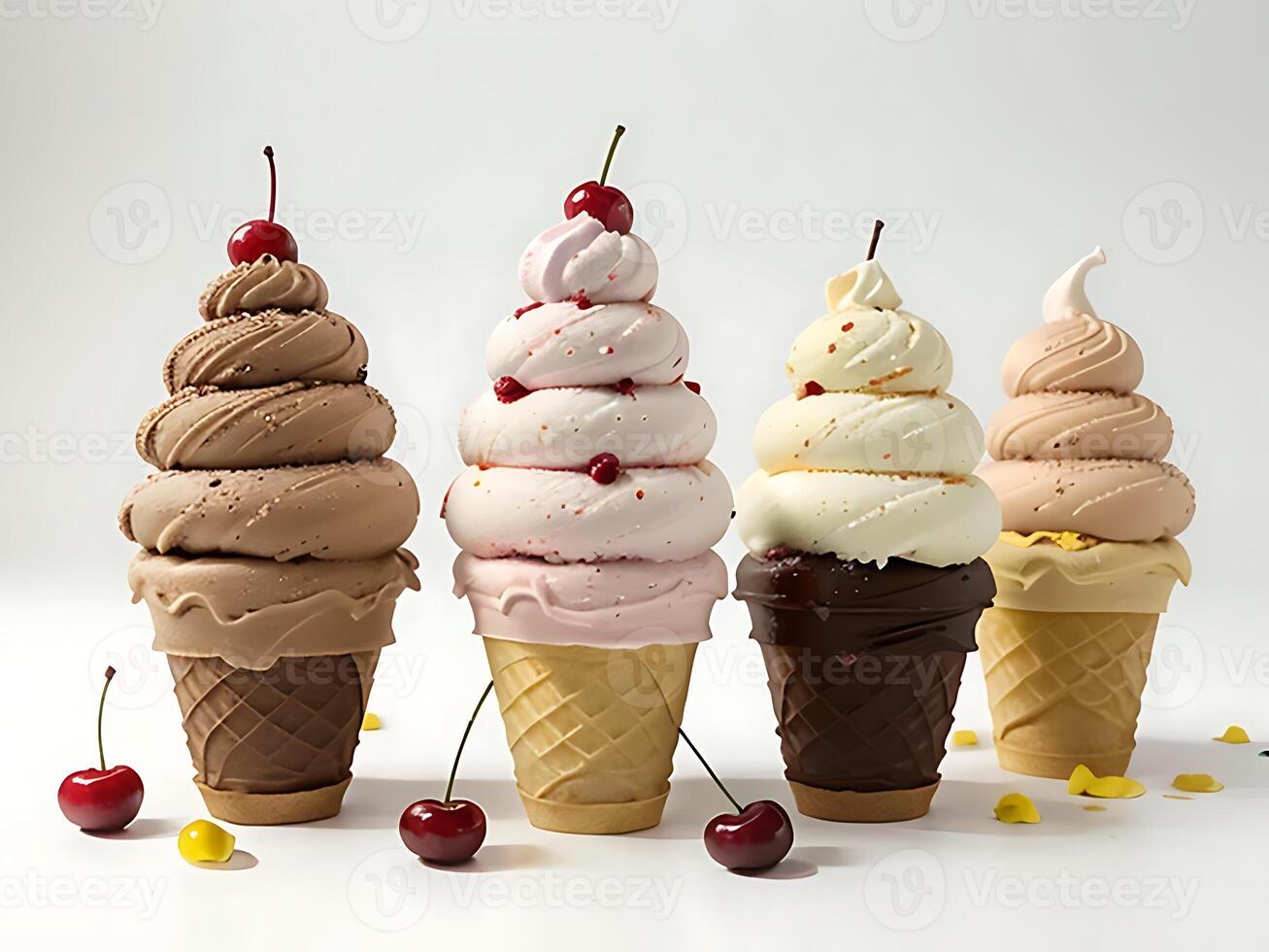 Colorful Triple Scoop Ice Cream Cone with Cherry on Top photo