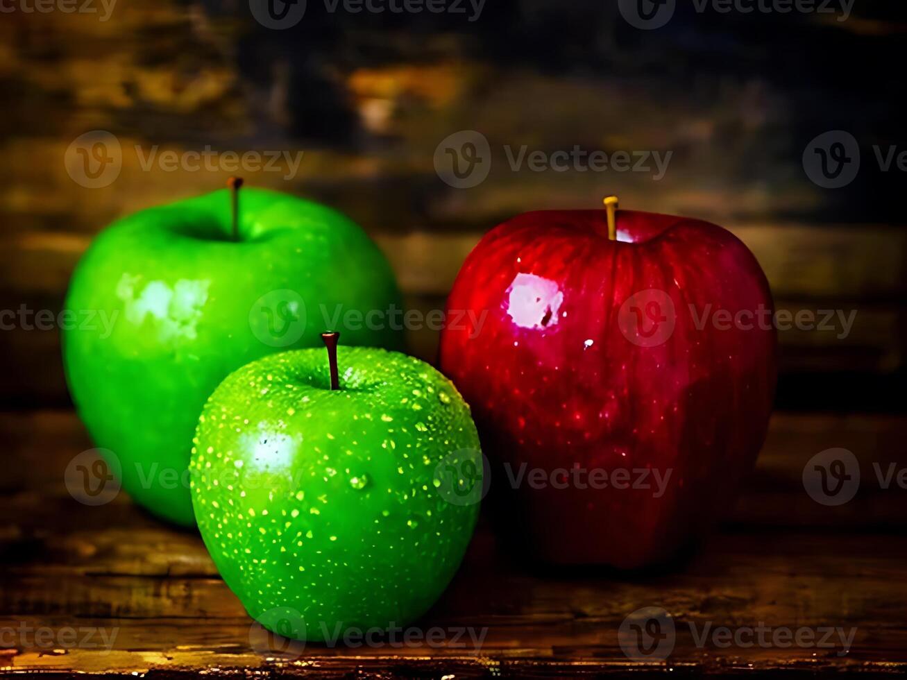 Realistic Apple on Wooden Background photo