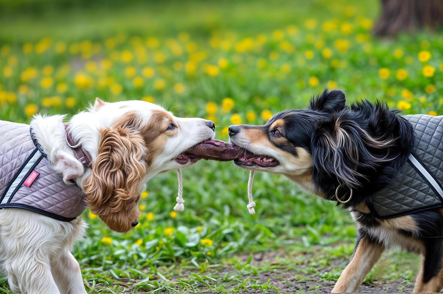 Lively and happy dogs walking in the park on a bright spring day. Fluffy pets playing on green grass photo