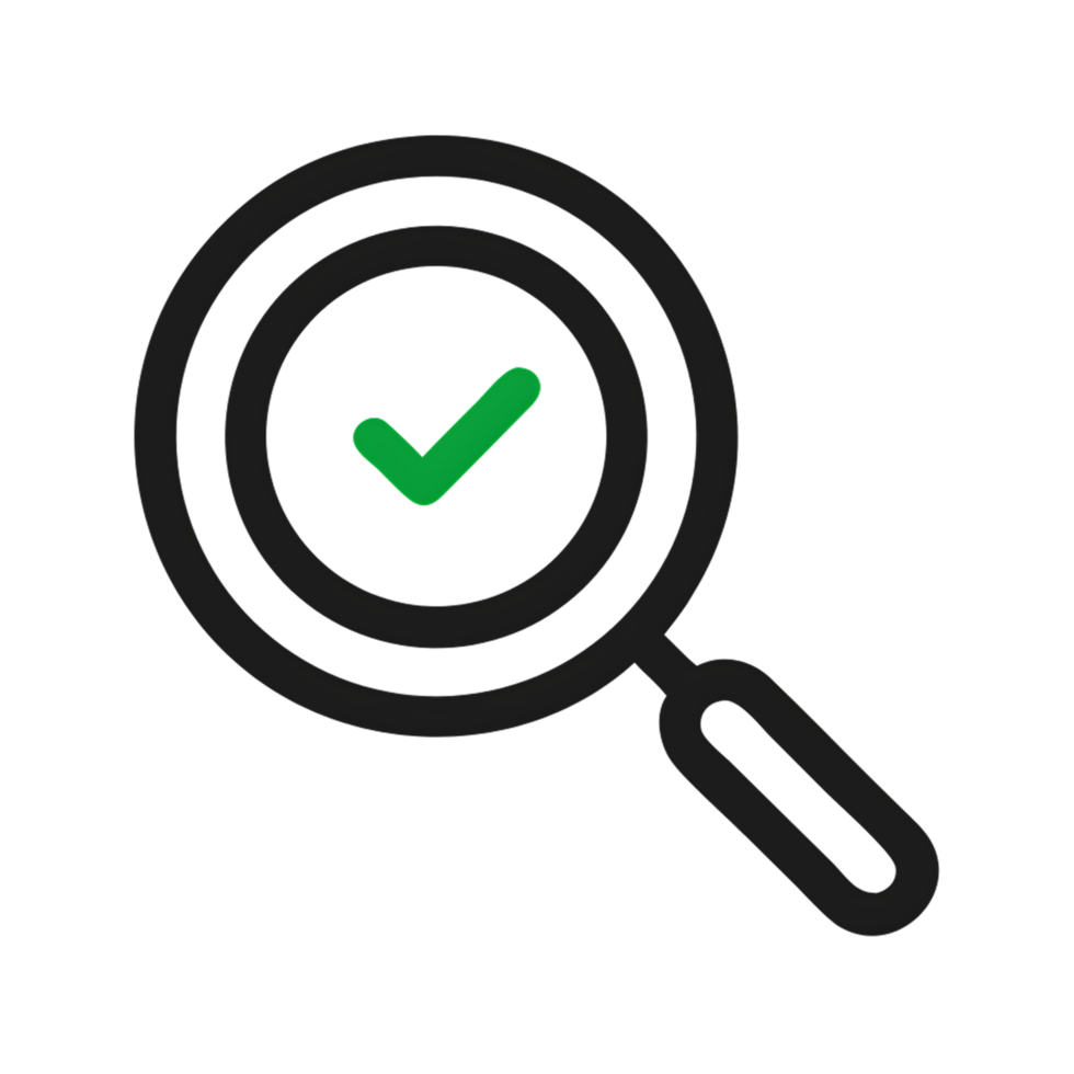 Magnifying glass with green checkmark. Concept of search, verification, and approval. png