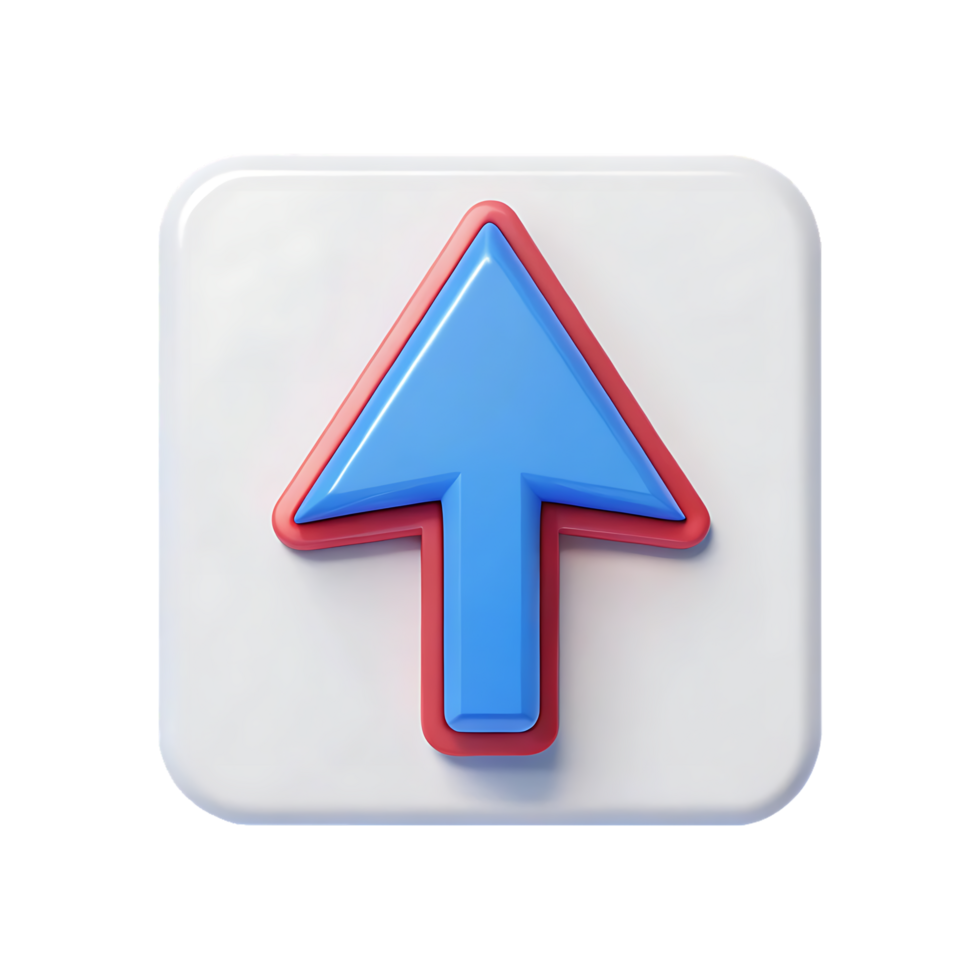 3D render of a blue upward arrow on a white square button. png