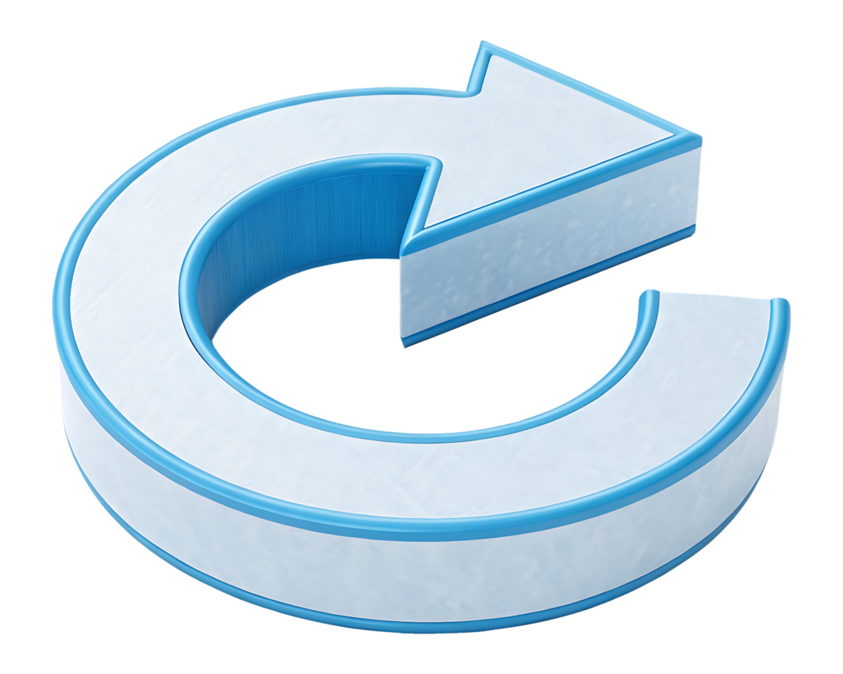 3D render of a circular arrow, symbolizing refresh, reload, or repeat. png