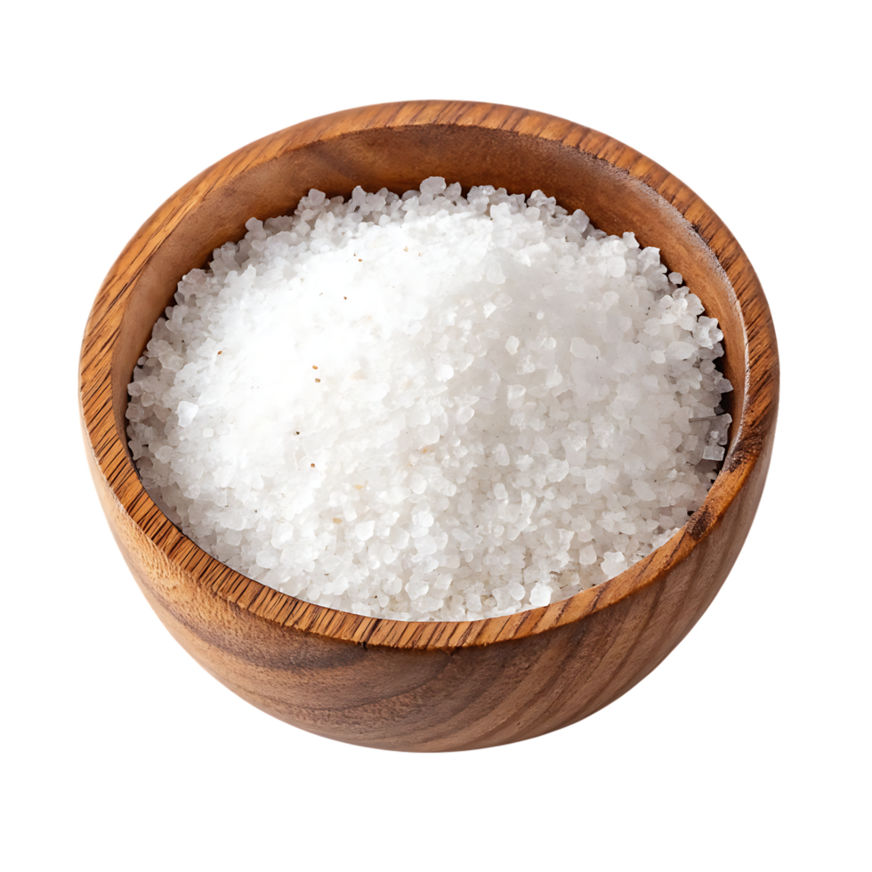 Close up of sea salt in a rustic wooden bowl. png