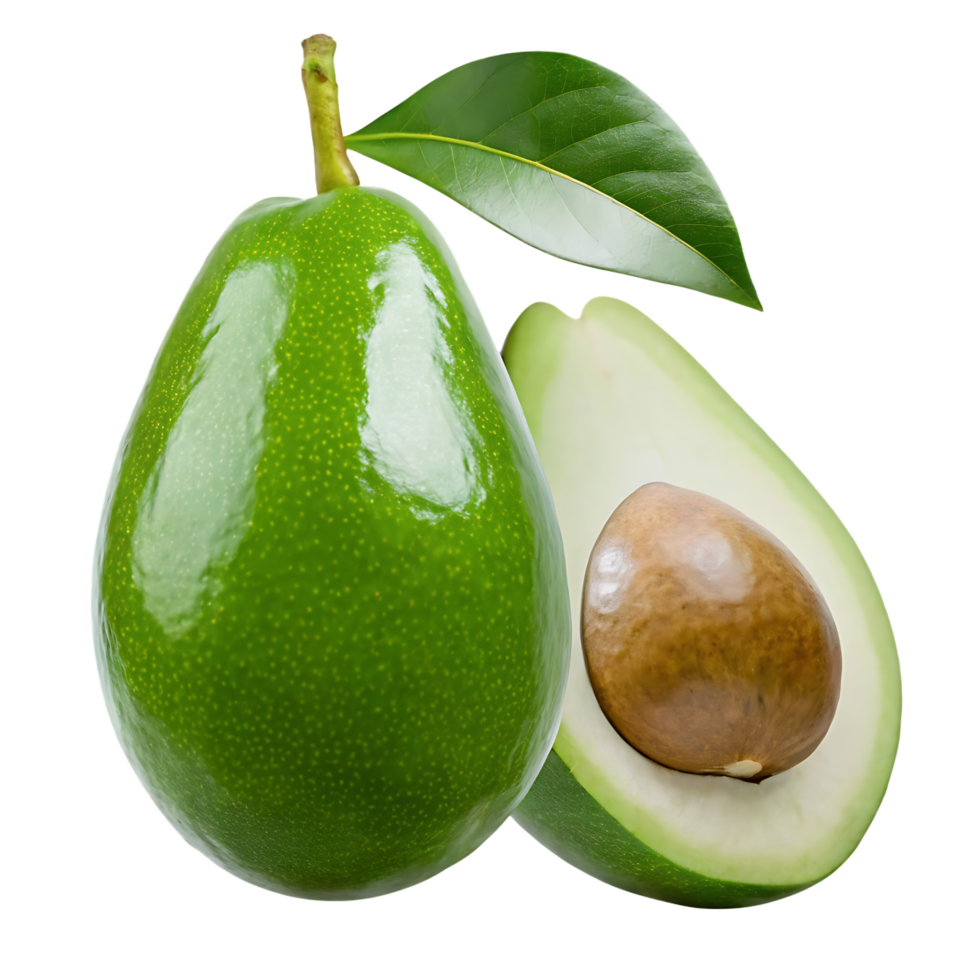Fresh ripe avocado with leaf, cut in half showing seed. png