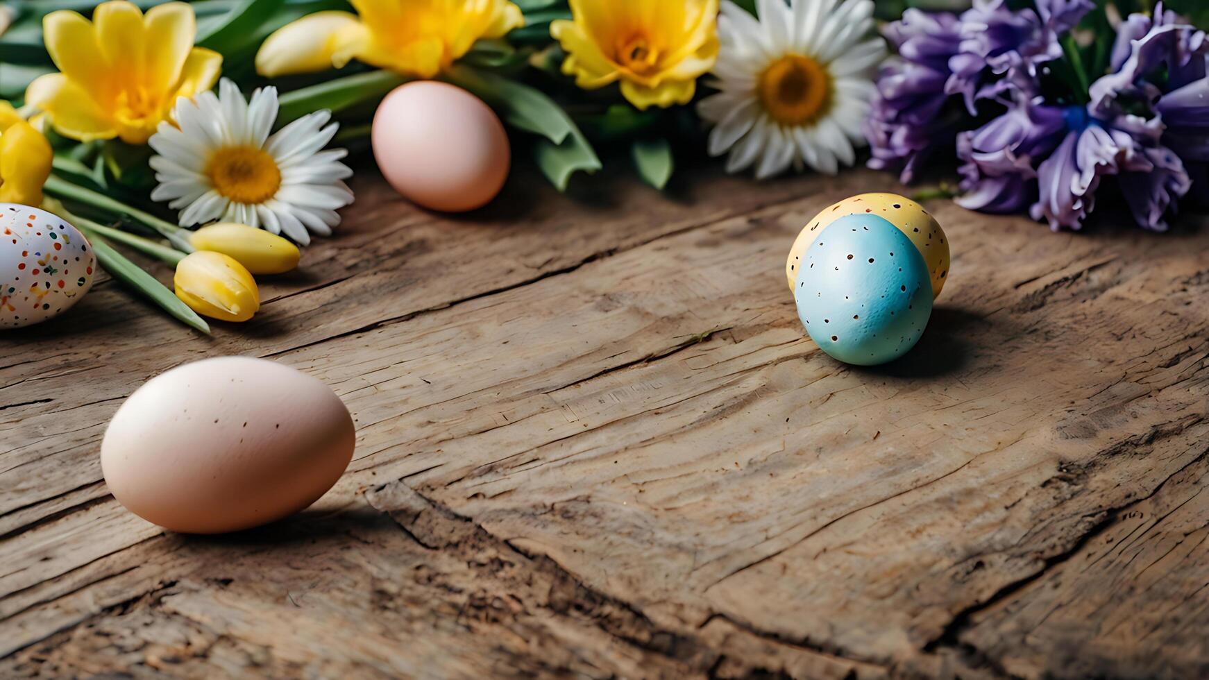 A charming Easter floral border with bright Easter eggs and spring flowers photo