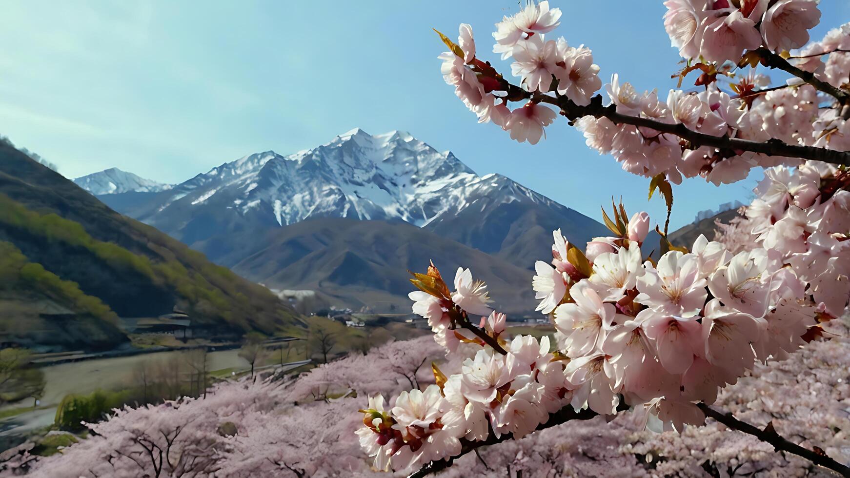 sakura tree. A magical blooming sakura tree with soft pink petals against the backdrop of majestic mountains. photo