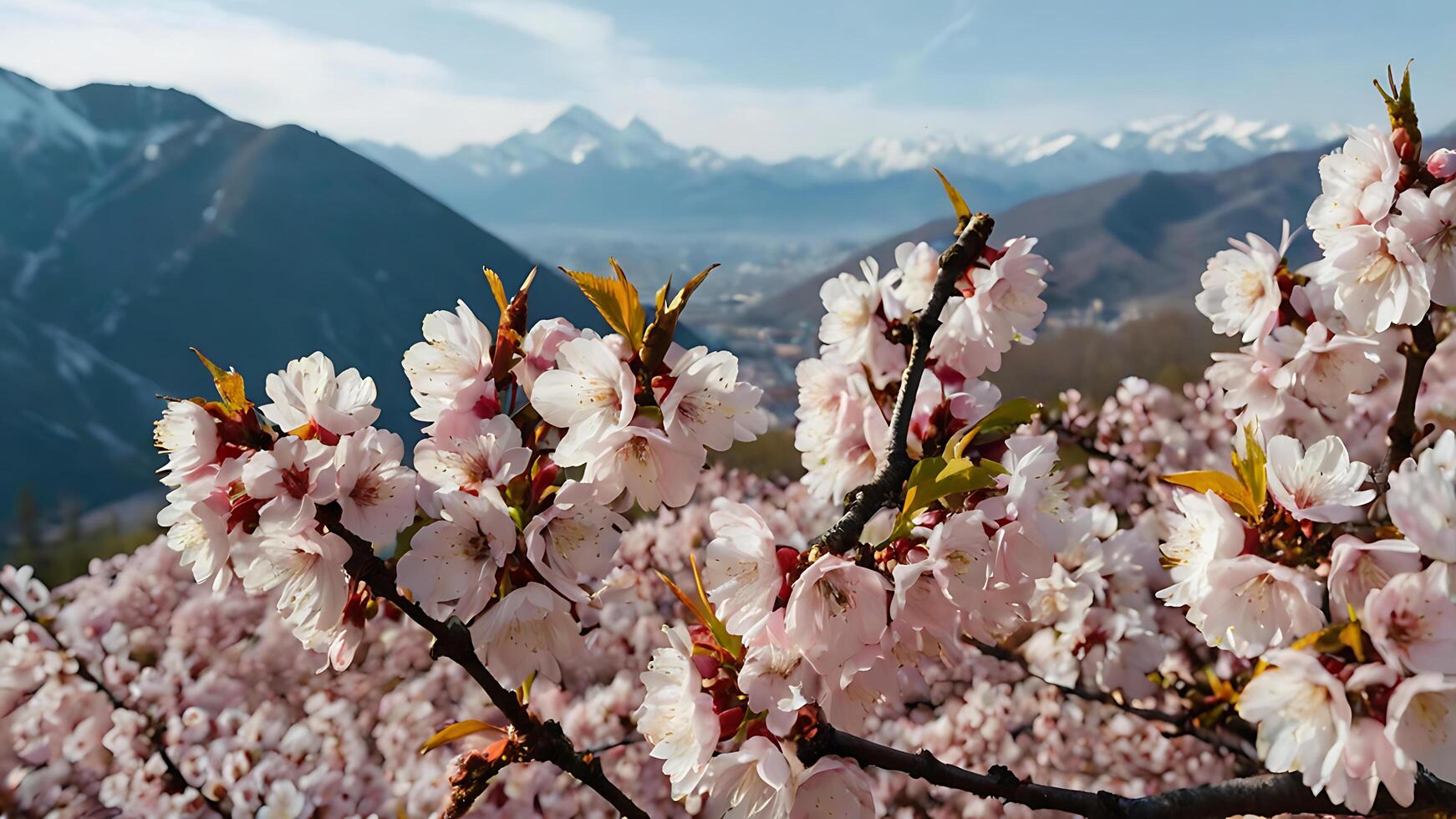 Sakura flowers. A magical blooming sakura tree with soft pink petals against the backdrop of majestic mountains. photo