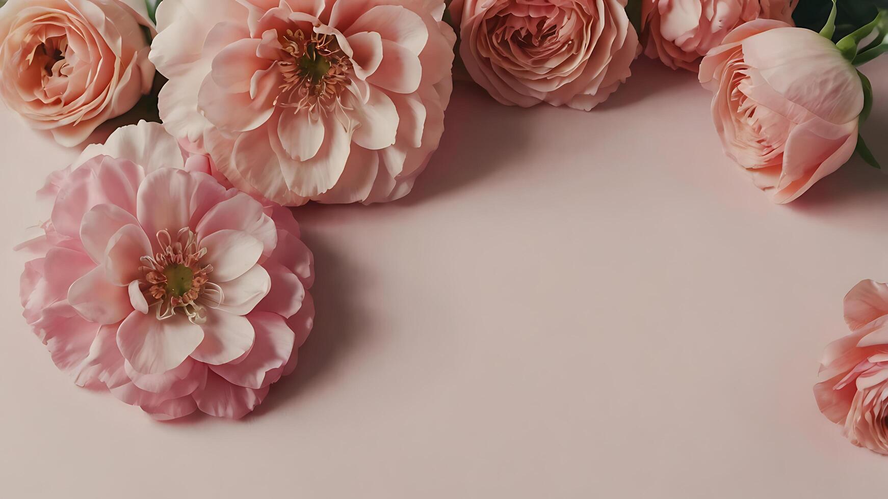 pink flowers. Delicate frame of delicate pink flowers on a pastel pink background photo