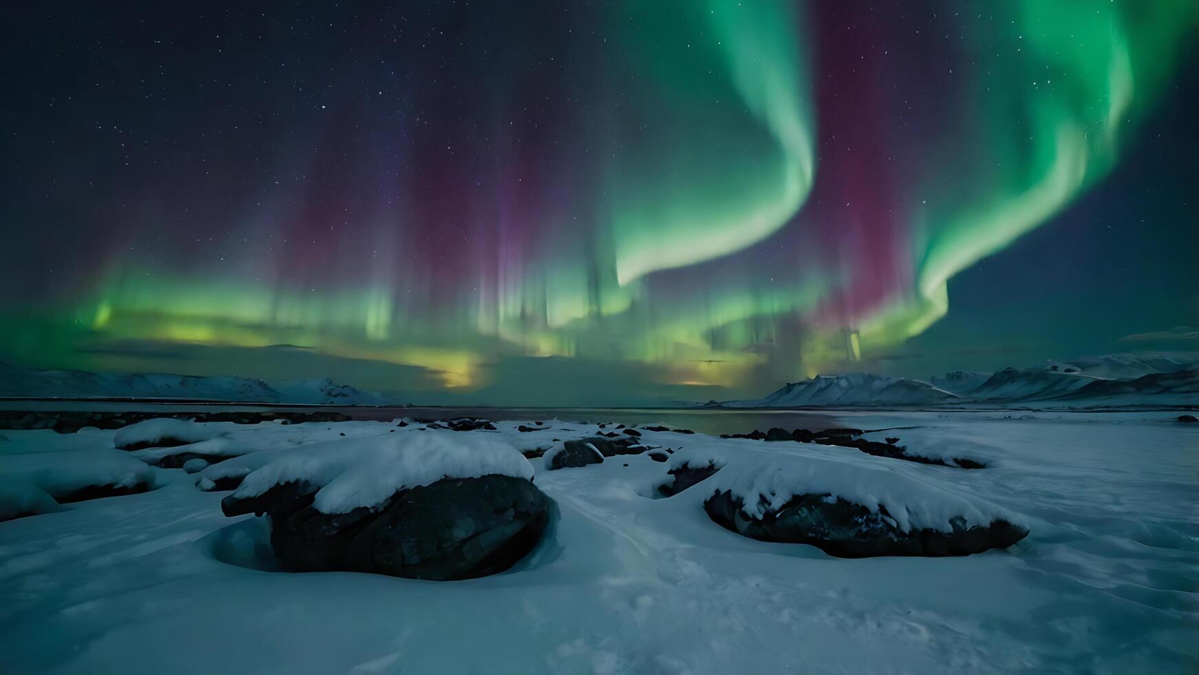 Bright northern lights. The aurora borealis shimmers in the night sky over a snowy landscape. The glow creates a fantastic play of colors photo
