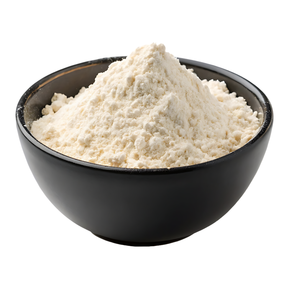 A mound of creamy all-purpose flour sits invitingly in a dark bowl, promising delicious baking adventures ahead in a bright studio setting. png