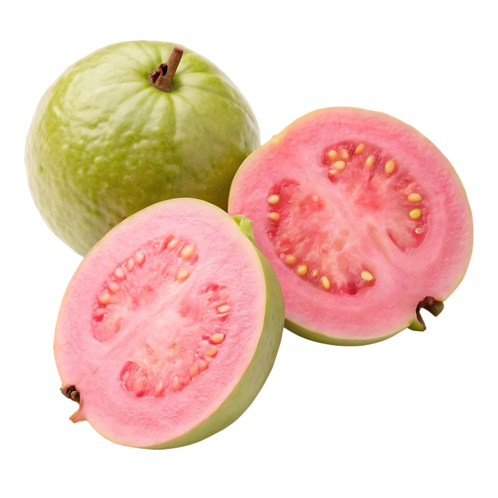 Ripe pink guava fruit, cut in half, showing juicy flesh and seeds. png