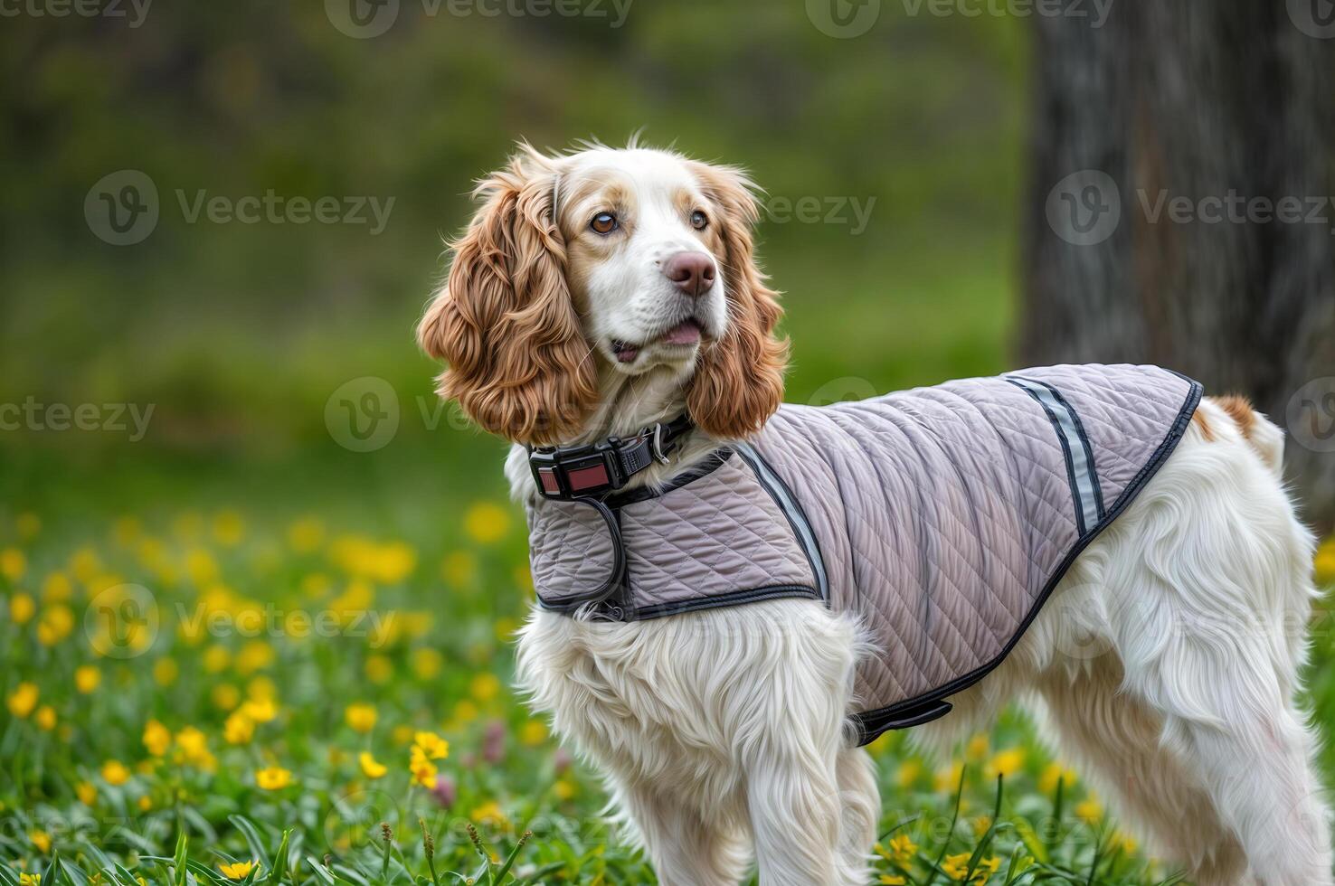 beauty A charming cocker spaniel is happily walking in a spring park. With long ears, he runs through the green grass photo