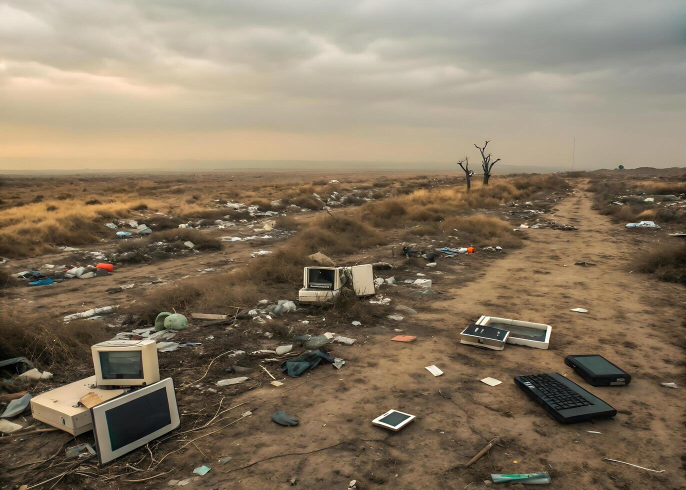 Dump. Endless expanses of dead desert, where the sands are littered with tons of electronic waste - broken monitors photo