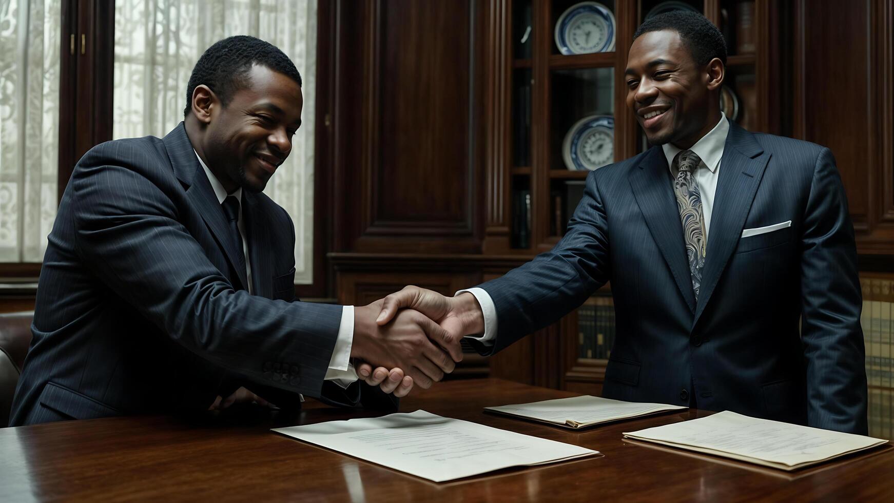 Two people. Two business partners with sincere smiles shake hands over a newly signed contract photo