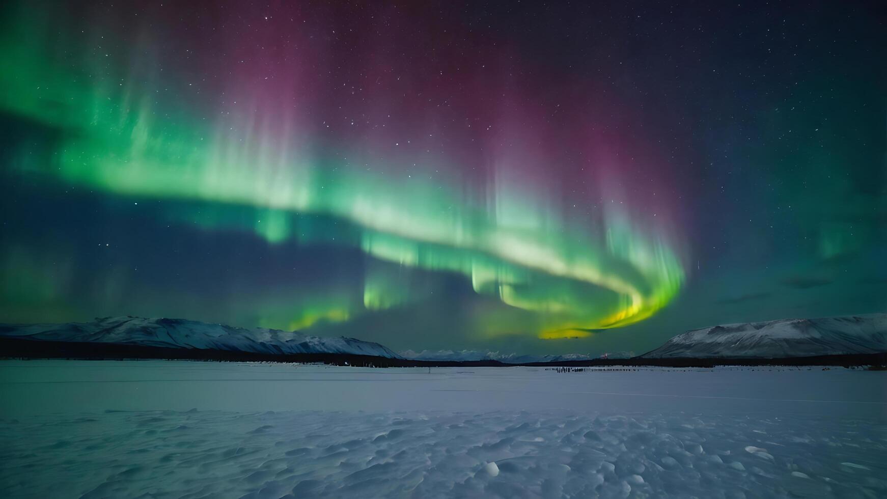 beautiful northern lights. The aurora borealis shimmers in the night sky over a snowy landscape. The glow creates a fantastic play of colors photo
