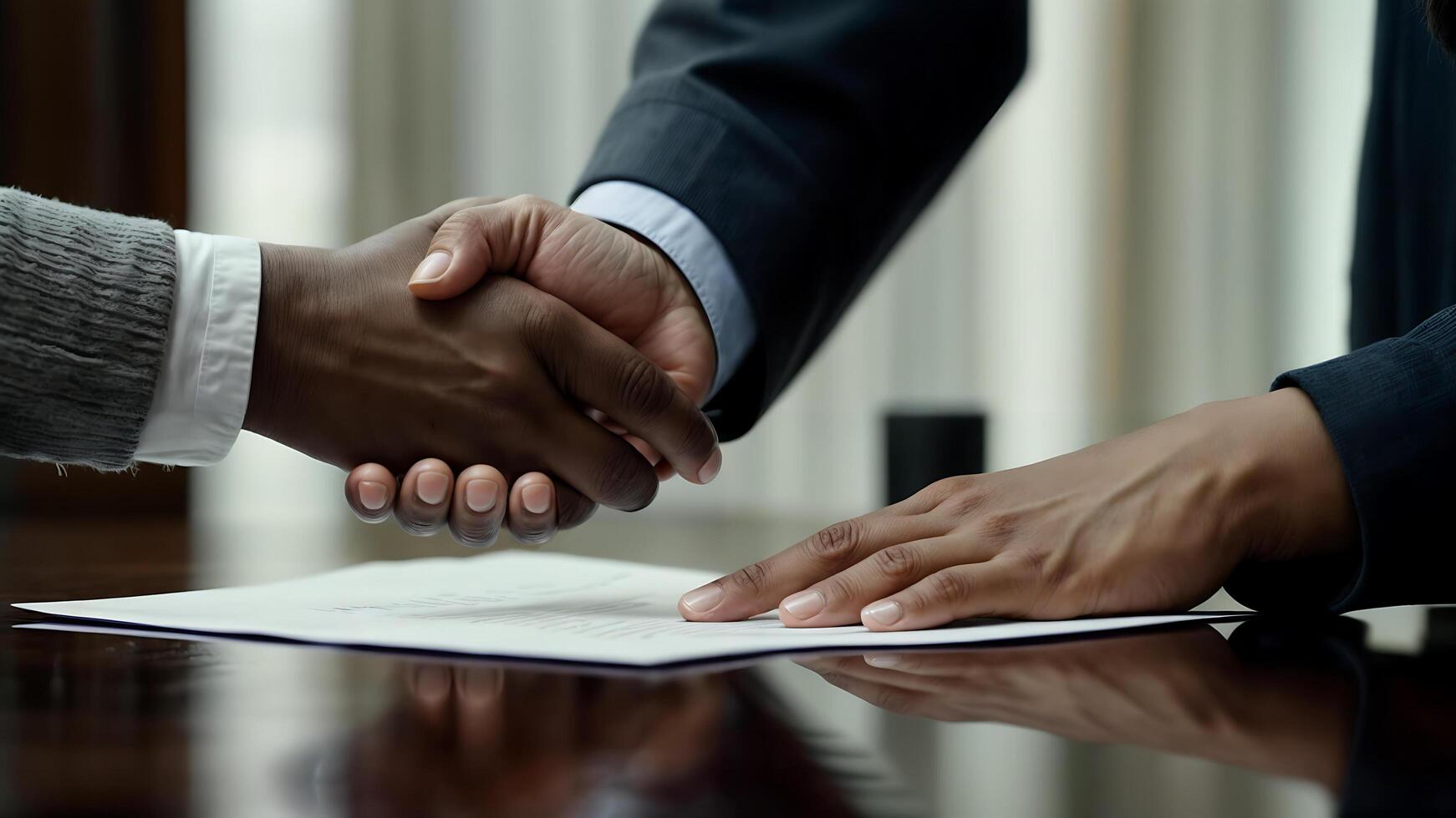 Handshake. Two business partners with sincere smiles shake hands over a newly signed contract photo