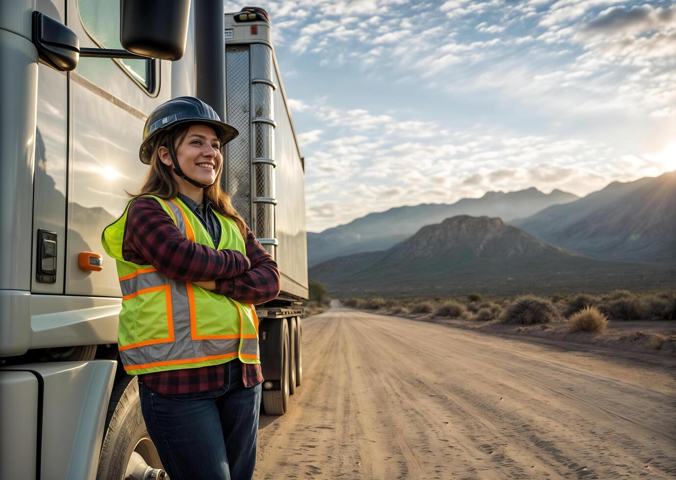 woman. A modern professional woman driving a large truck, breaking gender stereotypes. photo