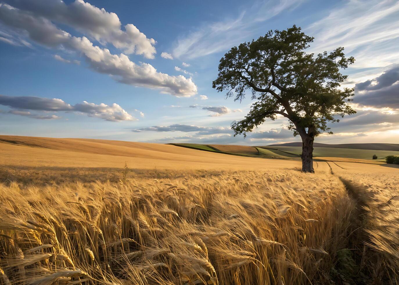 A golden field of wheat stretches to the horizon, billowing in the wind like the sea photo