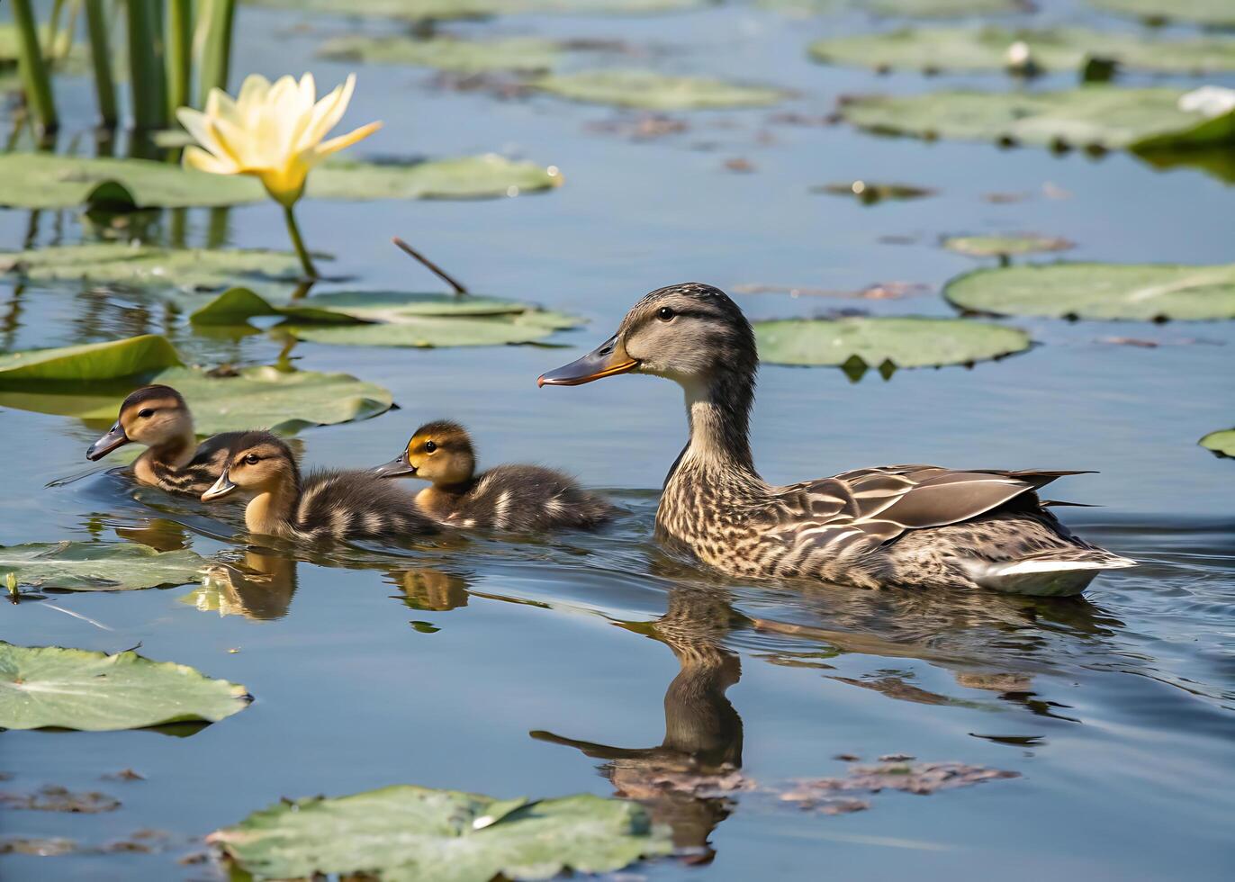 Ducks. A mother duck swims with her fluffy ducklings among water lilies on a calm pond. photo