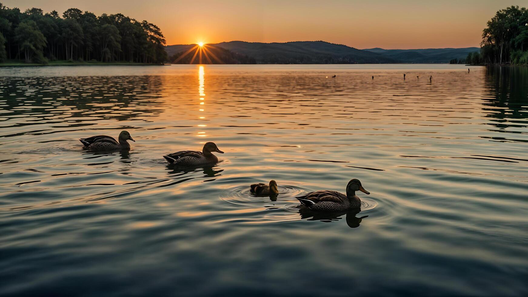 A quiet lake in the golden light of sunset, the surface of the water smooth as a mirror photo