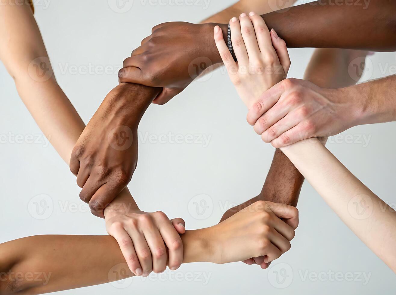 Image of unity on a light background - hands of people of different ages, genders, ethnicities form a harmonious circle photo