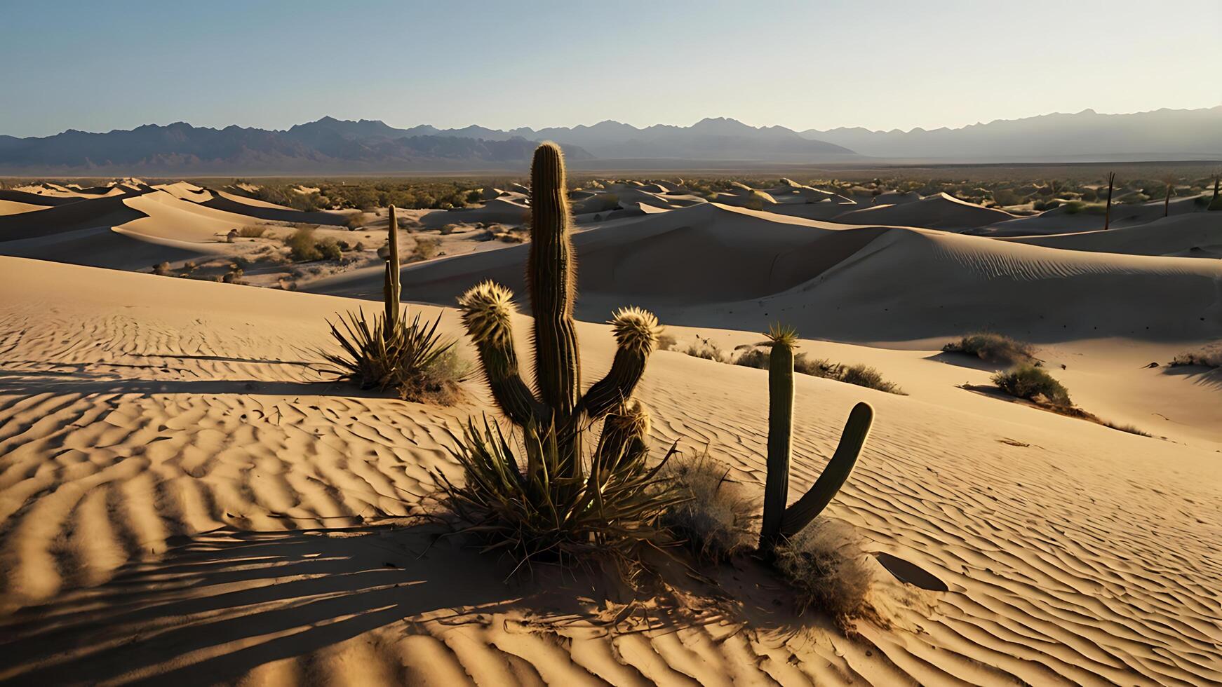 Desert. Sand dunes illuminated by the soft rays of the setting sun. Cacti rise among the undulating sand photo
