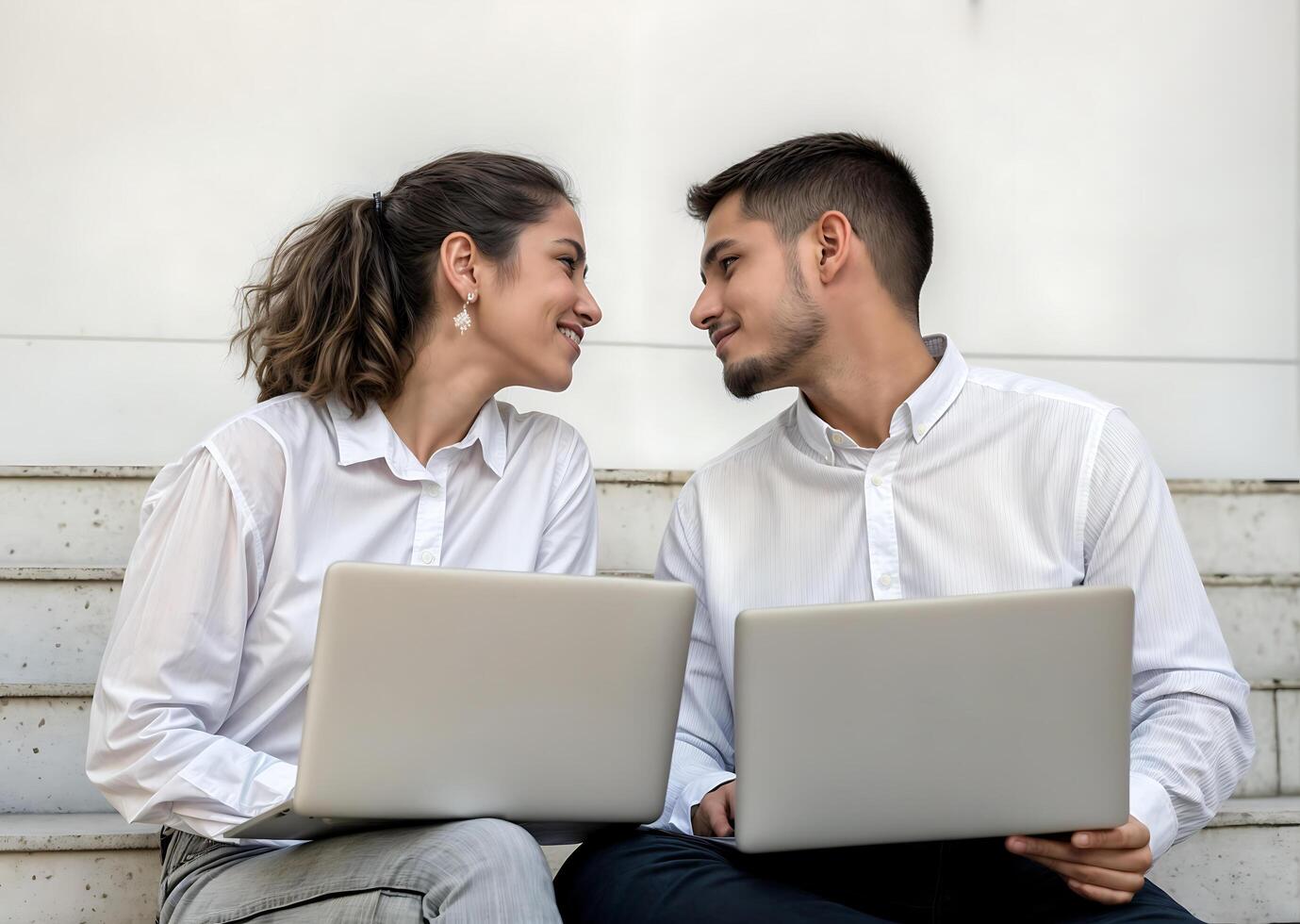 Modern conceptual photo symbolizing gender equality a man and a woman working together at the same laptop.