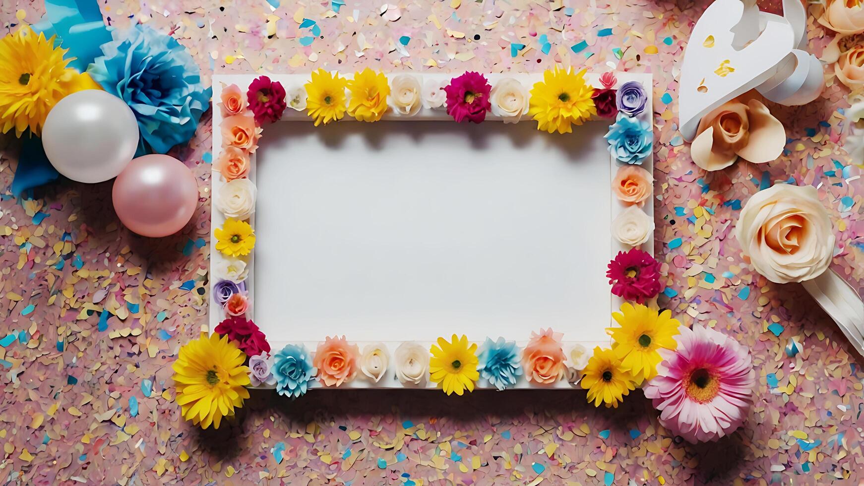 sequins. A cheerful floral birthday frame in the form of a bright floral garland with colorful flowers photo